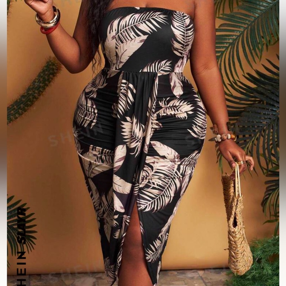 SHEIN Slayr Women Plus Size Vacation Slim Fit Pleated Side Split Strapless Dress
